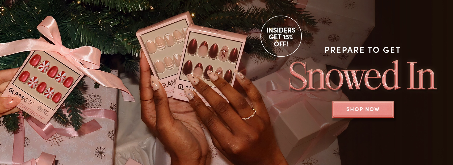 Hands holding makeup products with a festive background and promotional text.5